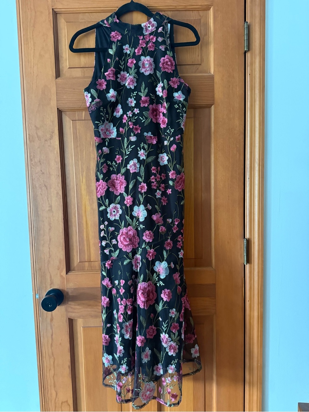 Sam Edelman Black Maxi Dress with Pink Floral Embroidery